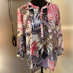 Size large multicolor with a palm leaf design pull over blouse